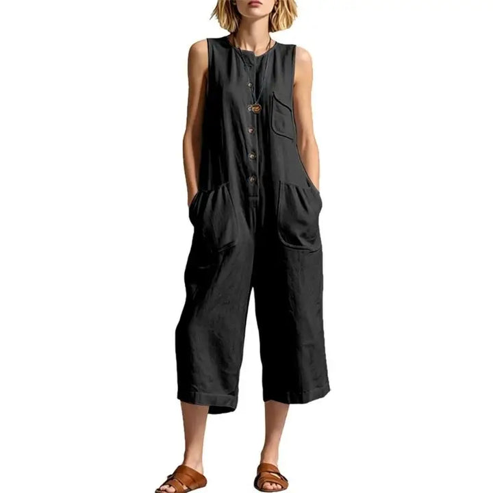 Talia | Women's Button Front Relaxed Dungaree Jumpsuit-Omni Prime Goods
