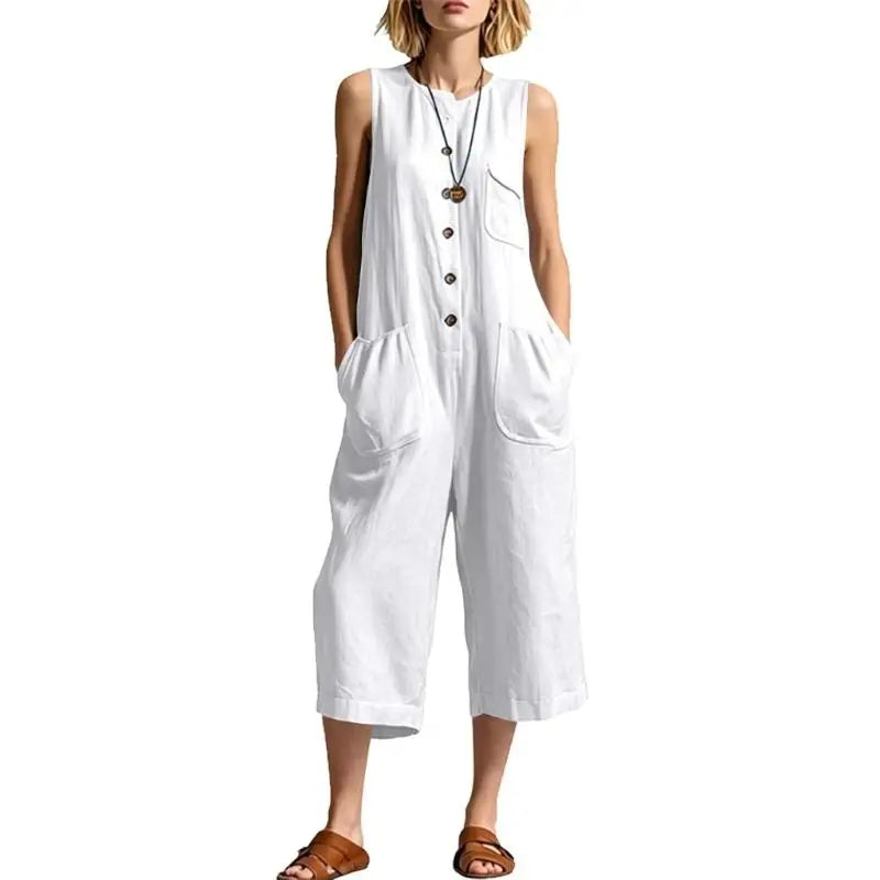 Talia | Women's Button Front Relaxed Dungaree Jumpsuit-Omni Prime Goods