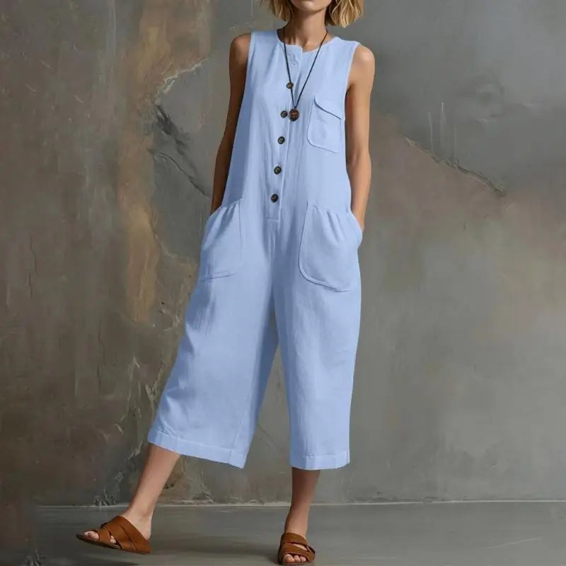 Talia | Women's Button Front Relaxed Dungaree Jumpsuit-Omni Prime Goods