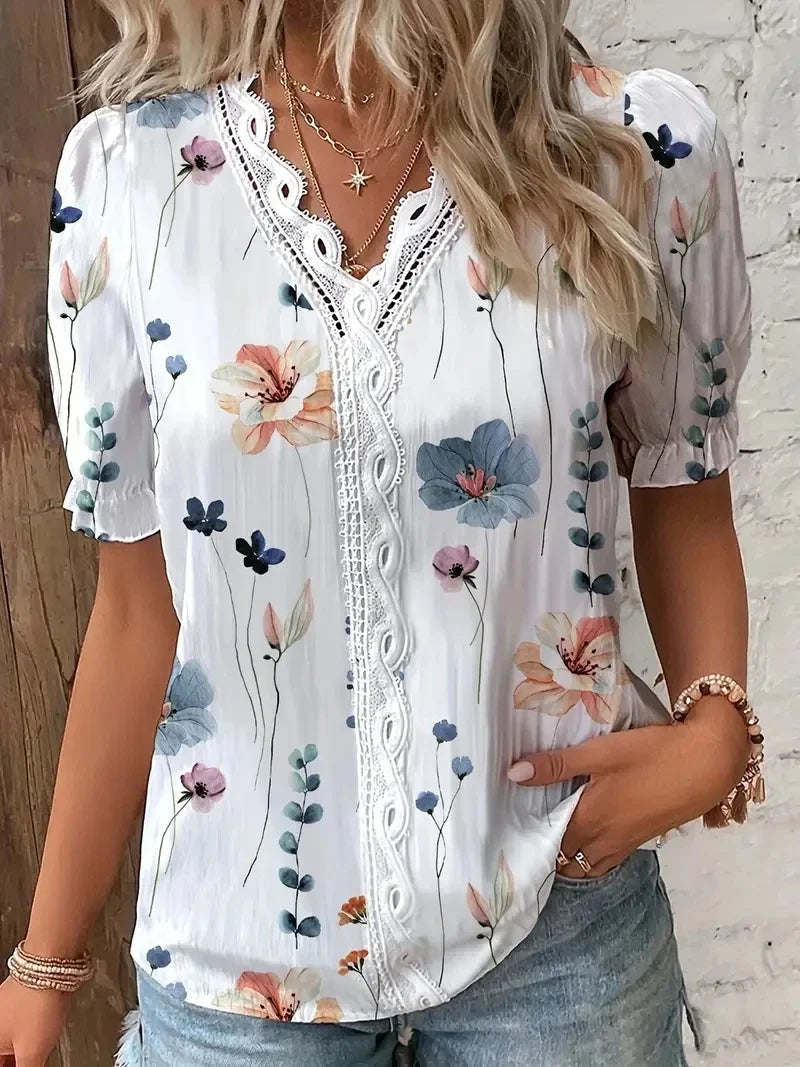 Tracey | Women's Floral V-Neck Blouse-Omni Prime Goods