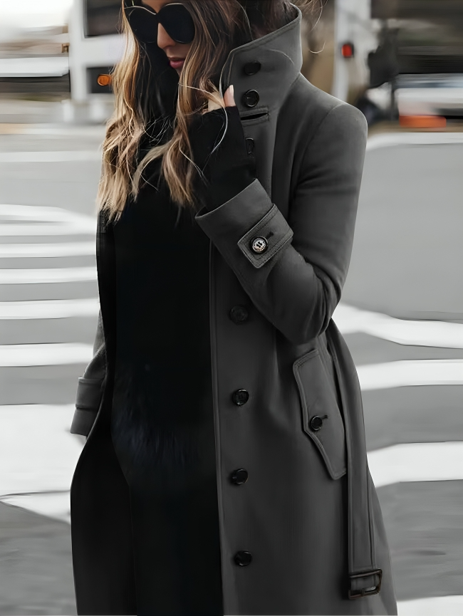 Women's Stylish Long Coat with High Collar and Tie-Belt