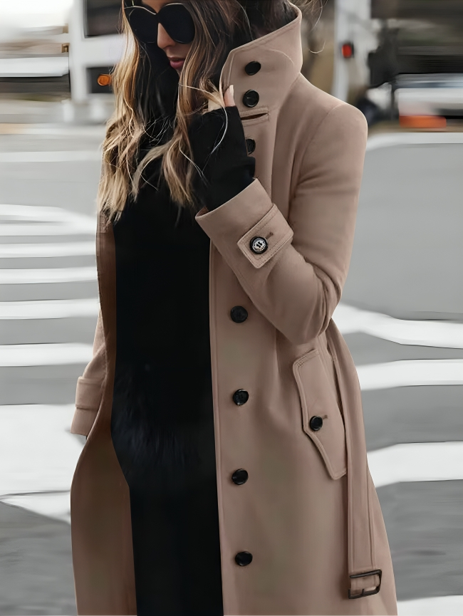 Women's Stylish Long Coat with High Collar and Tie-Belt