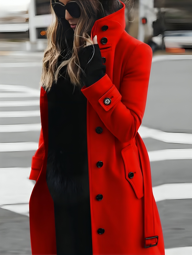 Women's Stylish Long Coat with High Collar and Tie-Belt