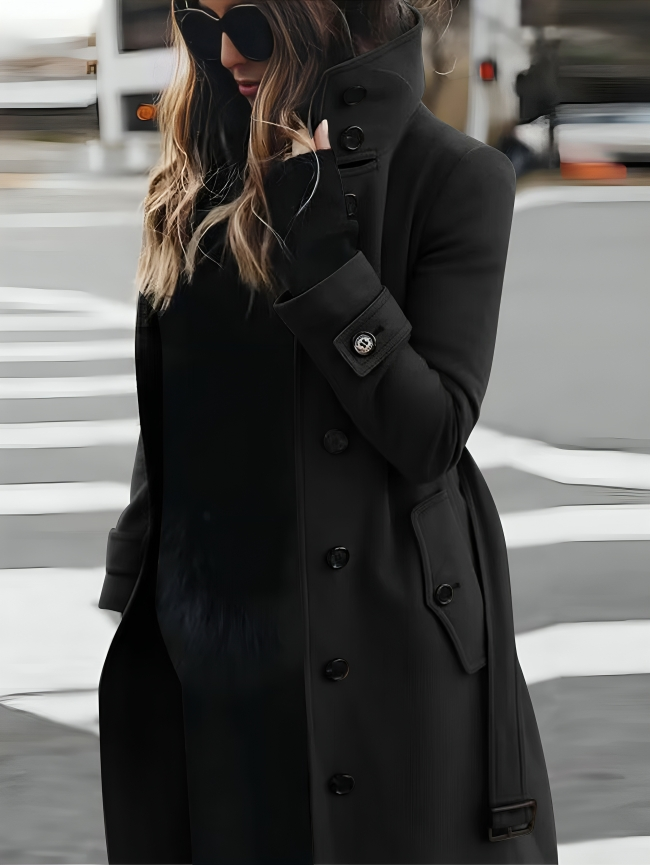 Women's Stylish Long Coat with High Collar and Tie-Belt