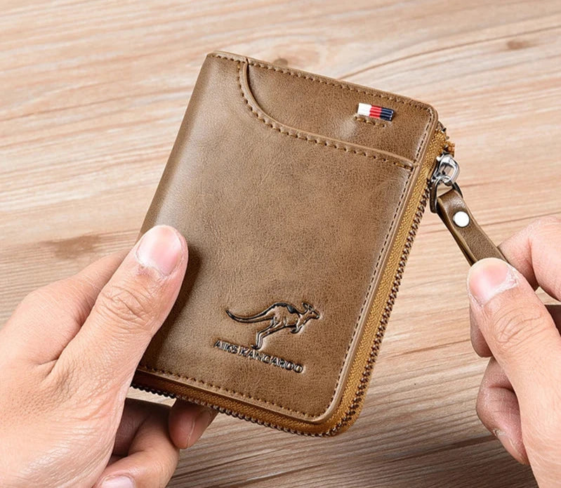 Men's RFID-Blocking Leather Wallet with Zipper Closure