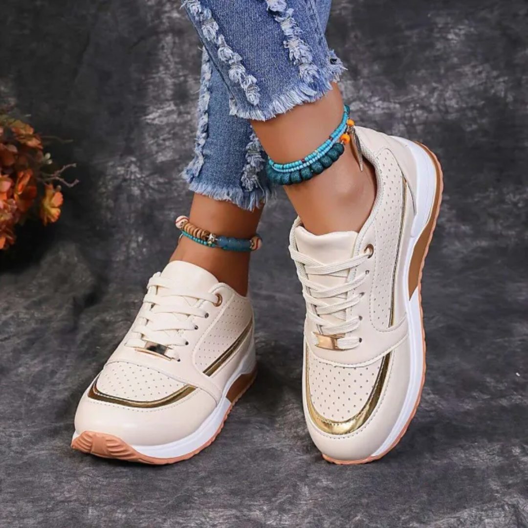 Poppy | Women's Casual Lace-Up Sneakers with Gold Accents | Round Toe