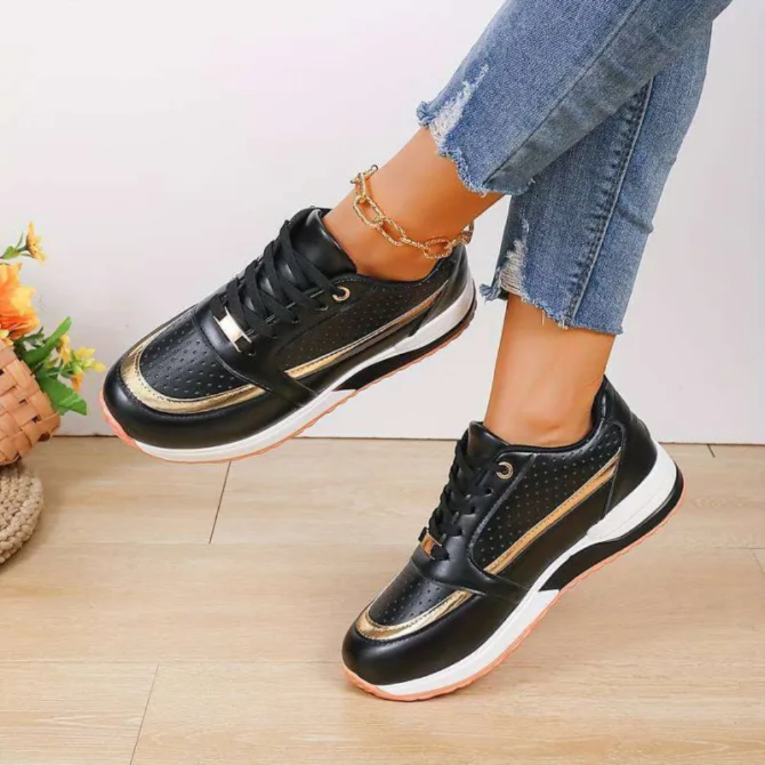 Poppy | Women's Casual Lace-Up Sneakers with Gold Accents | Round Toe