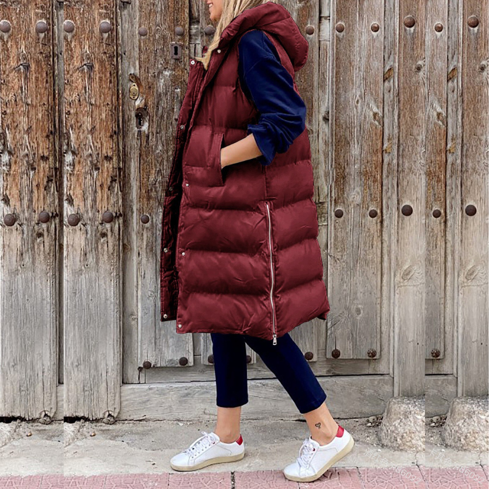 Women's Hooded Sleeveless Jacket with Buttons