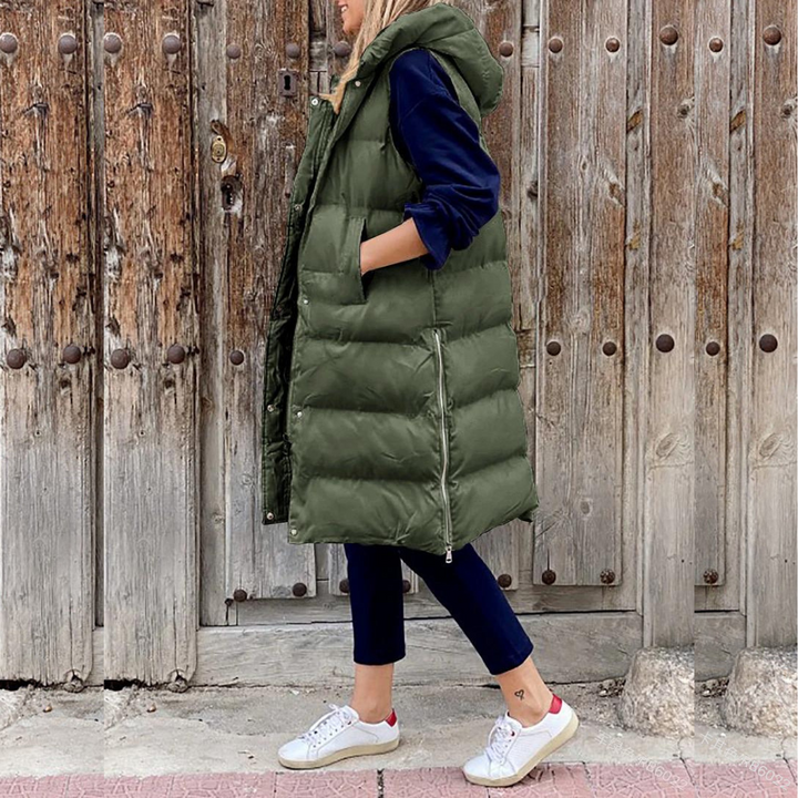 Women's Hooded Sleeveless Jacket with Buttons