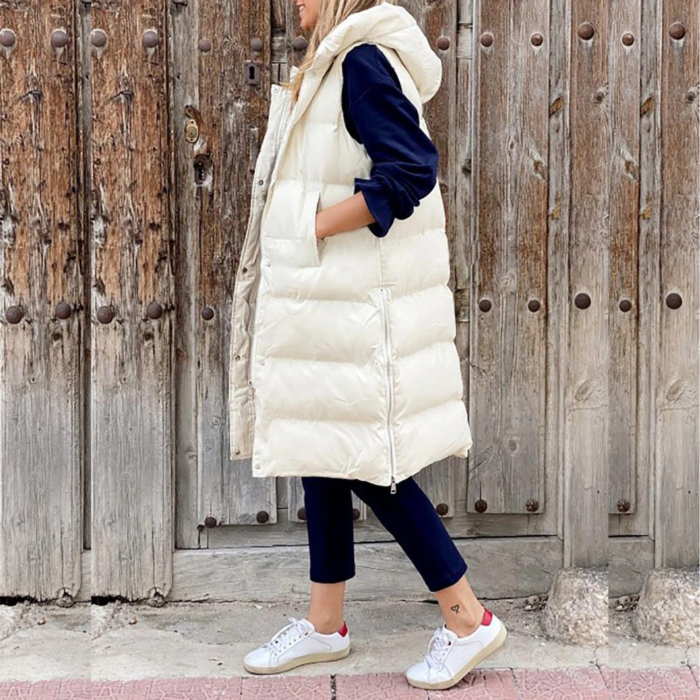 Women's Hooded Sleeveless Jacket with Buttons