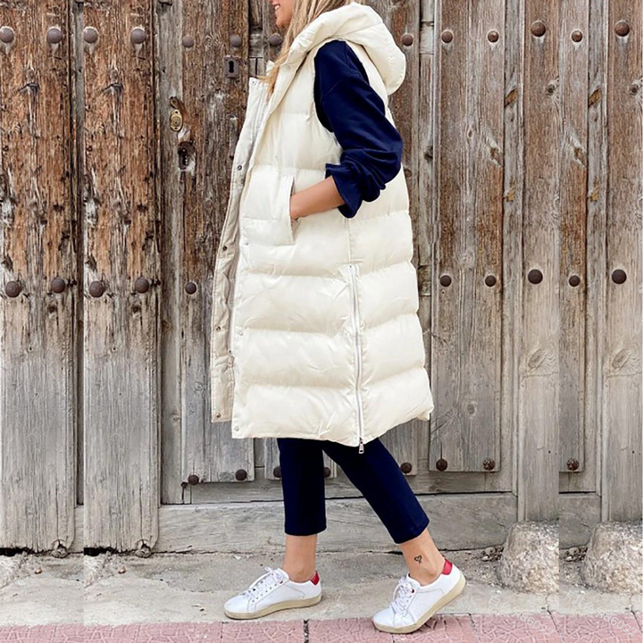Women's Hooded Sleeveless Jacket with Buttons