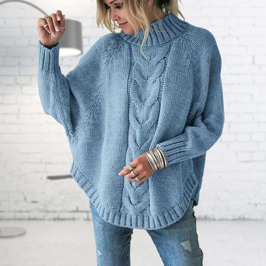 Women's Knitted Jumper with Funnel Collar and Cable Knit Design