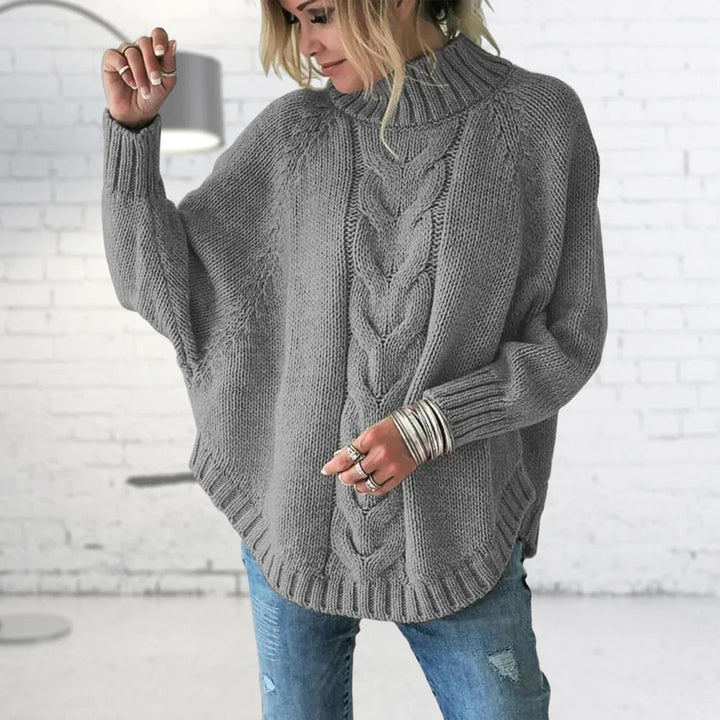Women's Knitted Jumper with Funnel Collar and Cable Knit Design