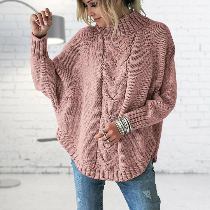 Women's Knitted Jumper with Funnel Collar and Cable Knit Design