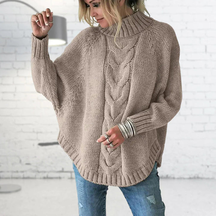 Women's Knitted Jumper with Funnel Collar and Cable Knit Design