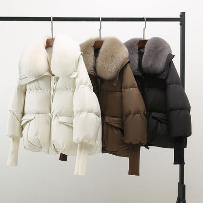 Women's Long Puffer Jacket with Fur Collar and Lightweight Fill