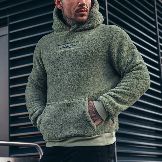Men's Plush Fleece Hoodie with Drawstring Hood and Kangaroo Pocket