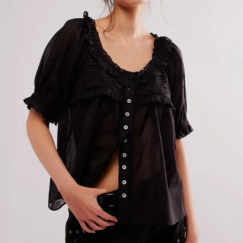 Winnie | Women's Ruffle Trim Scoop Neck Blouse-Omni Prime Goods