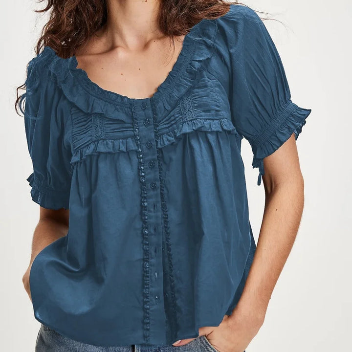 Winnie | Women's Ruffle Trim Scoop Neck Blouse-Omni Prime Goods
