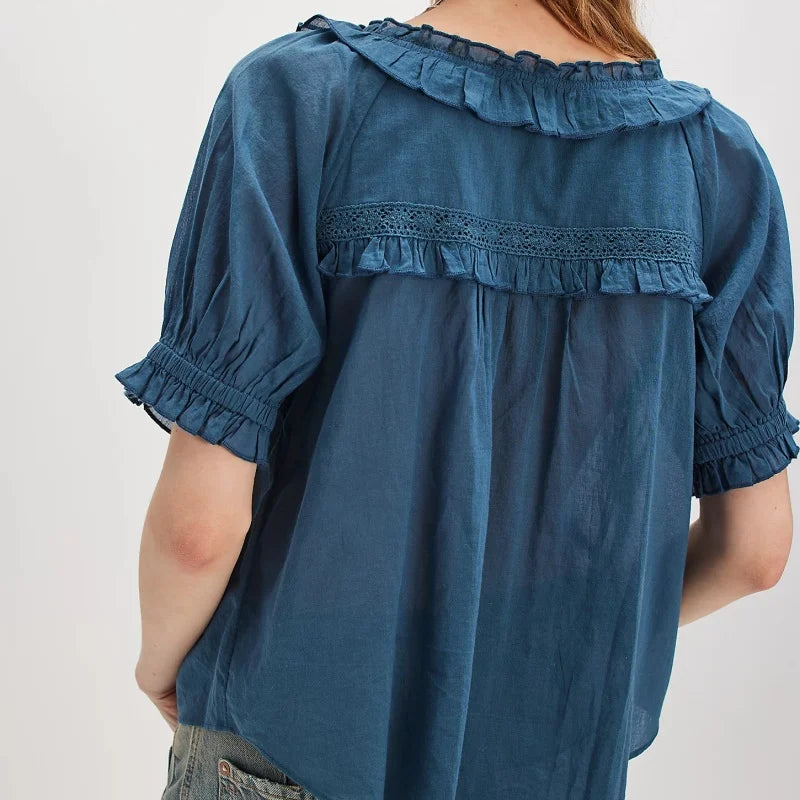 Winnie | Women's Ruffle Trim Scoop Neck Blouse-Omni Prime Goods