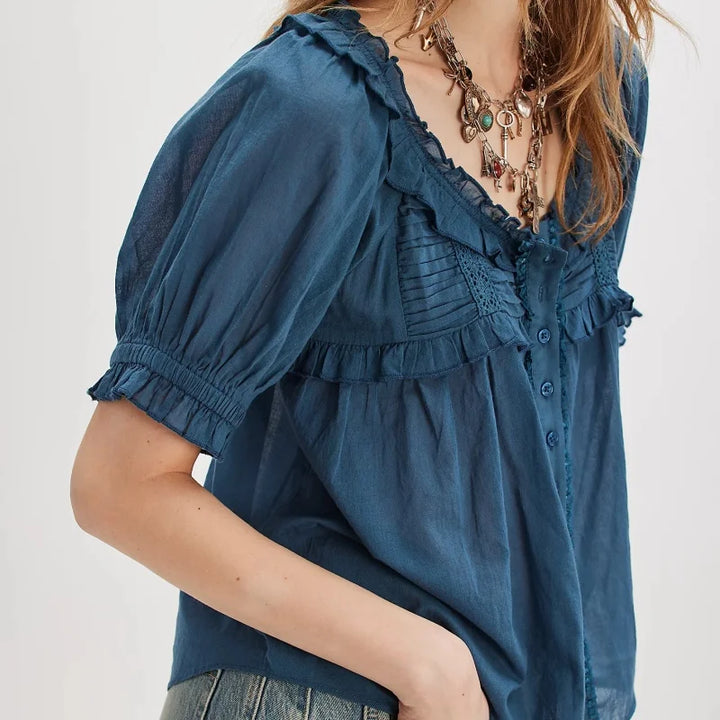 Winnie | Women's Ruffle Trim Scoop Neck Blouse-Omni Prime Goods