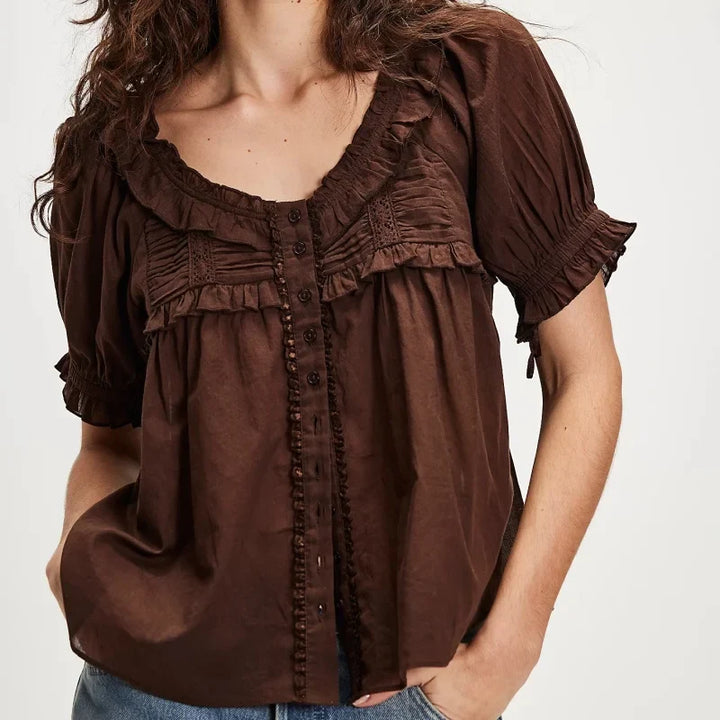 Winnie | Women's Ruffle Trim Scoop Neck Blouse-Omni Prime Goods