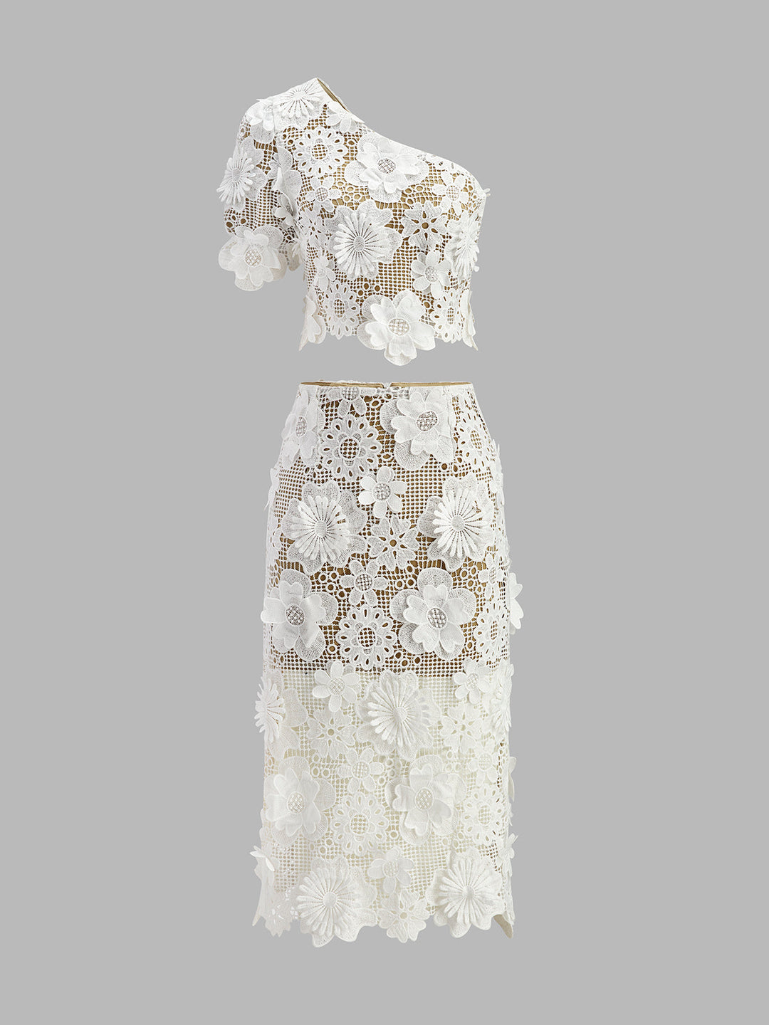 Women's Asymmetrical Floral Lace Top and Skirt Set-Omni Prime Goods