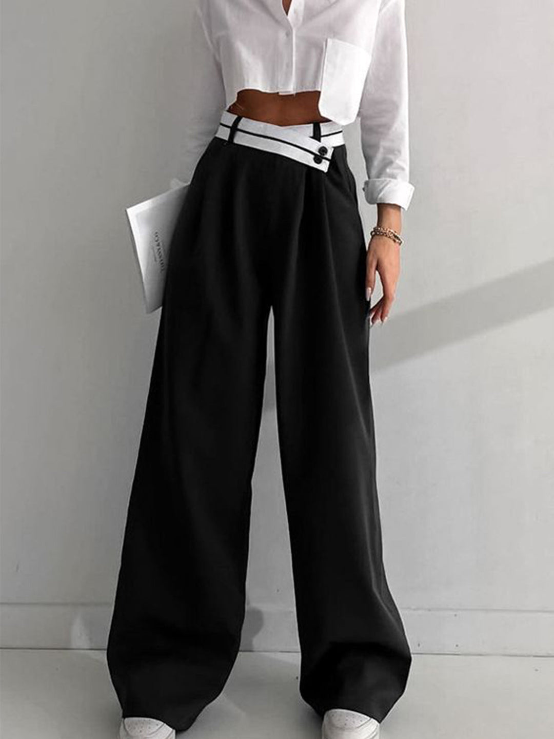 Women's Asymmetrical Wide Leg Dress Pants with Contrast Waistband-Omni Prime Goods
