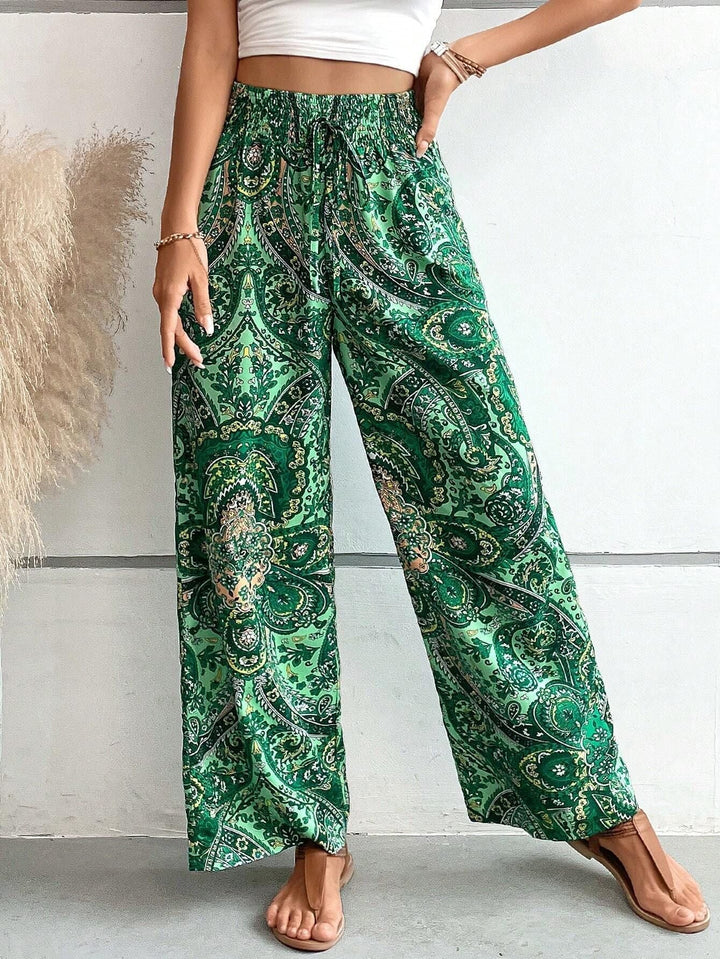 Women's Bohemian Wide-Legged Trousers with Slanted Pockets-Omni Prime Goods