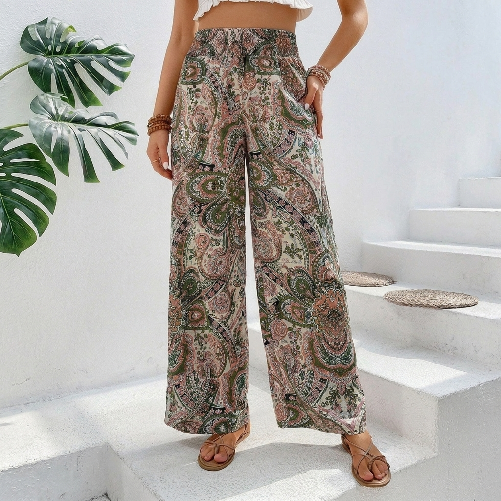 Women's Bohemian Wide-Legged Trousers with Slanted Pockets-Omni Prime Goods
