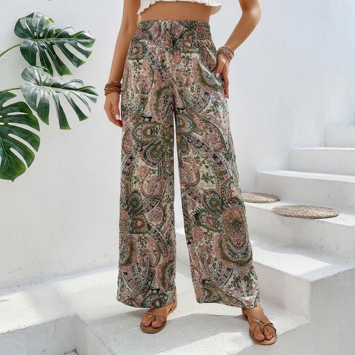 Women's Bohemian Wide-Legged Trousers with Slanted Pockets-Omni Prime Goods