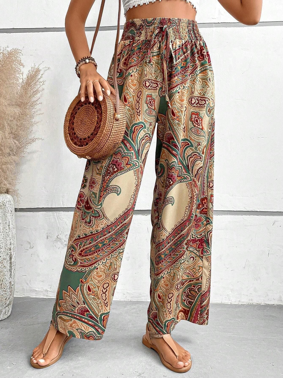 Women's Bohemian Wide-Legged Trousers with Slanted Pockets-Omni Prime Goods