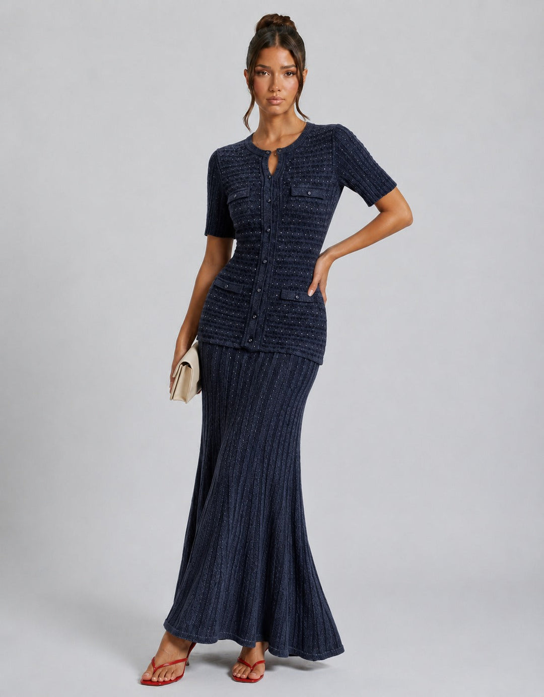 Women's Button Front Round Neck Two Piece Outfit-Omni Prime Goods