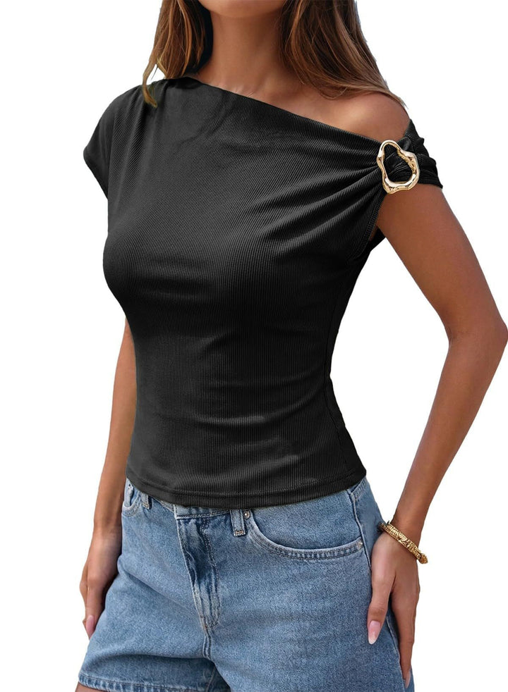Women's Casual Off Shoulder Top with Metal Buckle Detail-Omni Prime Goods