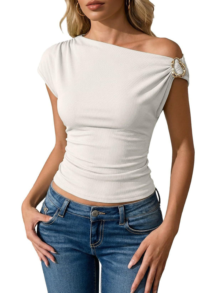 Women's Casual Off Shoulder Top with Metal Buckle Detail-Omni Prime Goods