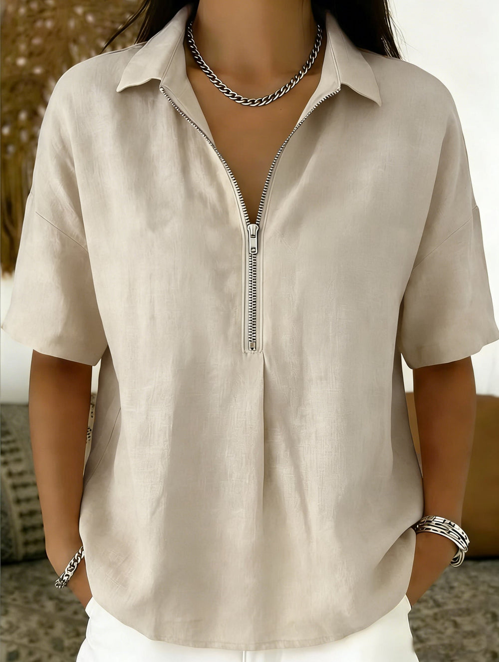 Women's Casual Zip-Up Short Sleeve Summer T-Shirt-Omni Prime Goods