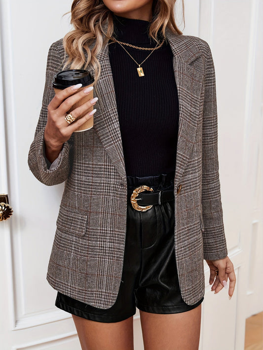 Women's Checked Business Blazer with Notched Lapel-Omni Prime Goods
