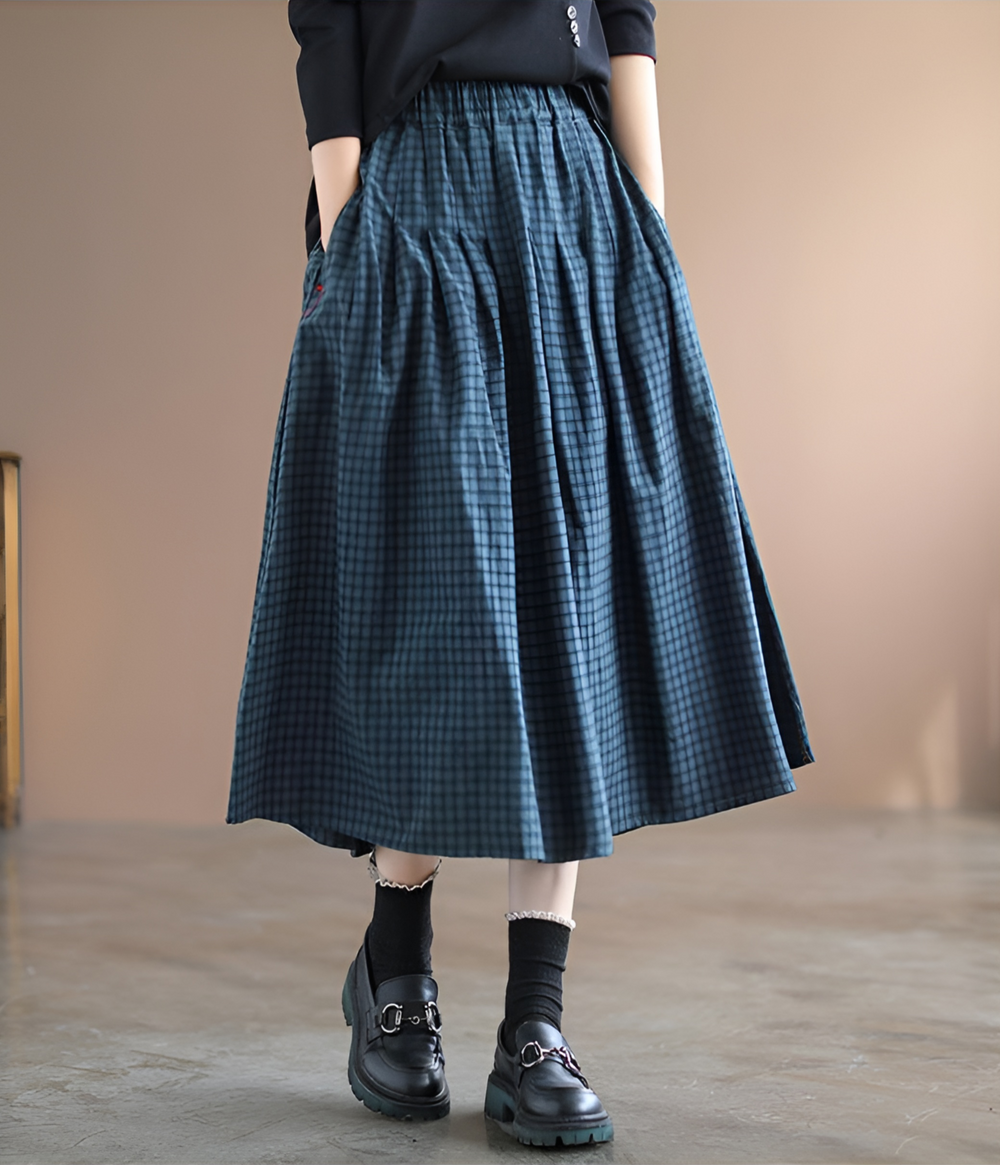 Women's Checked Design Pleated Midi Skirt-Omni Prime Goods