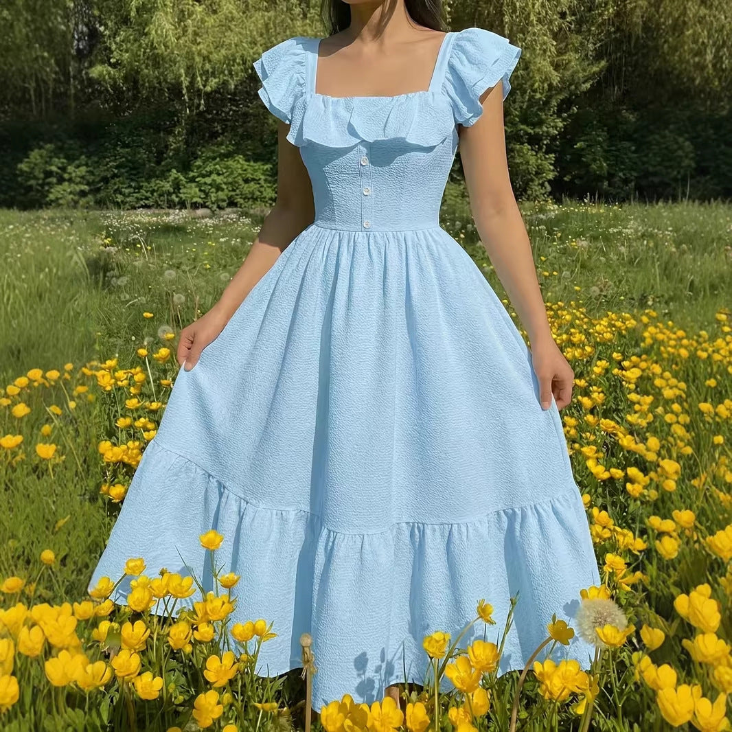 Women's Elegant Solid Color Square Neck Ruffle Mini Dress-Omni Prime Goods