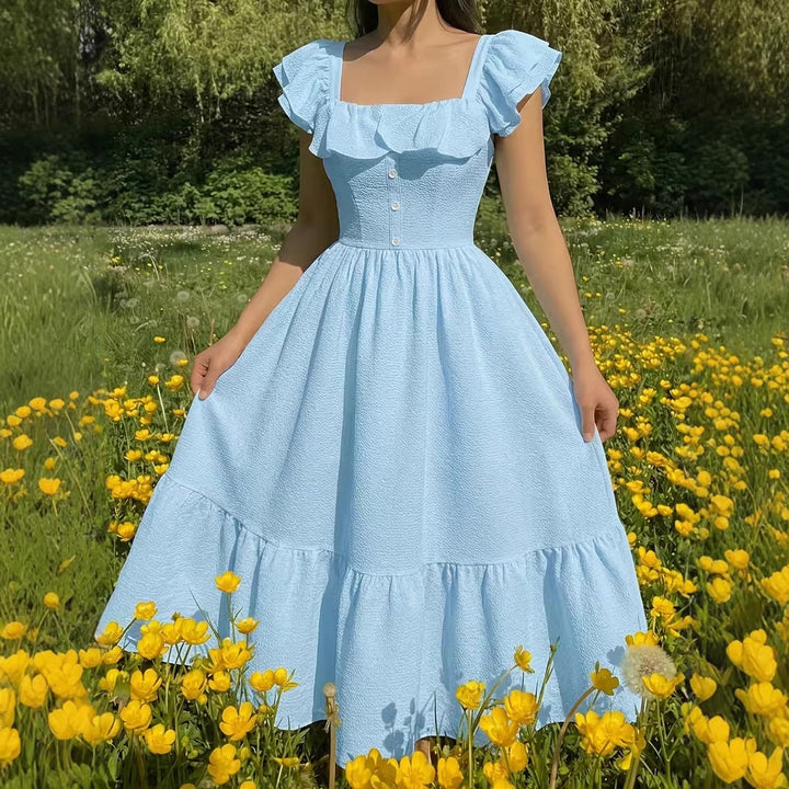 Women's Elegant Solid Color Square Neck Ruffle Mini Dress-Omni Prime Goods