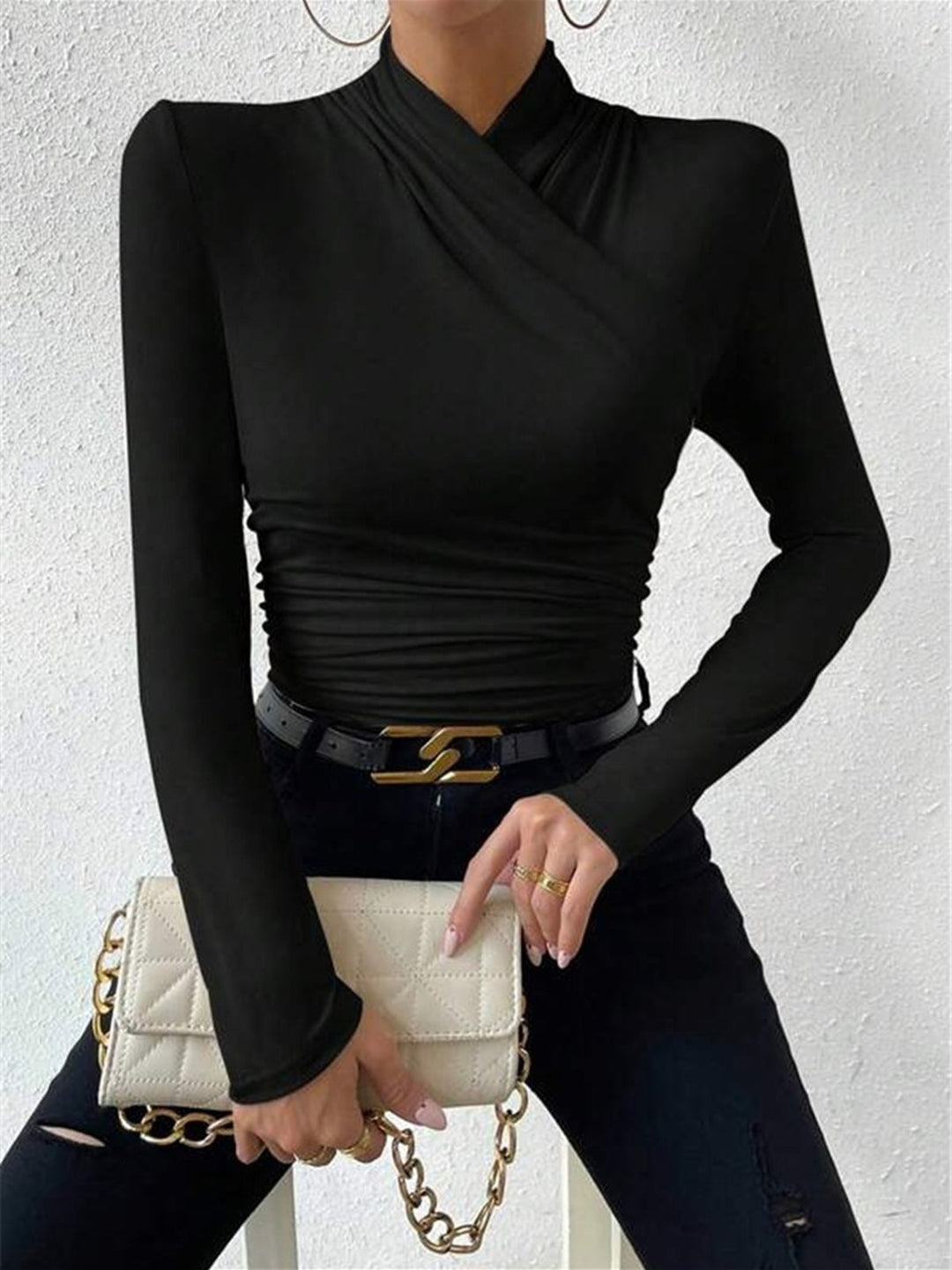 Women's Fitted Crossover Long Sleeve Top-Omni Prime Goods