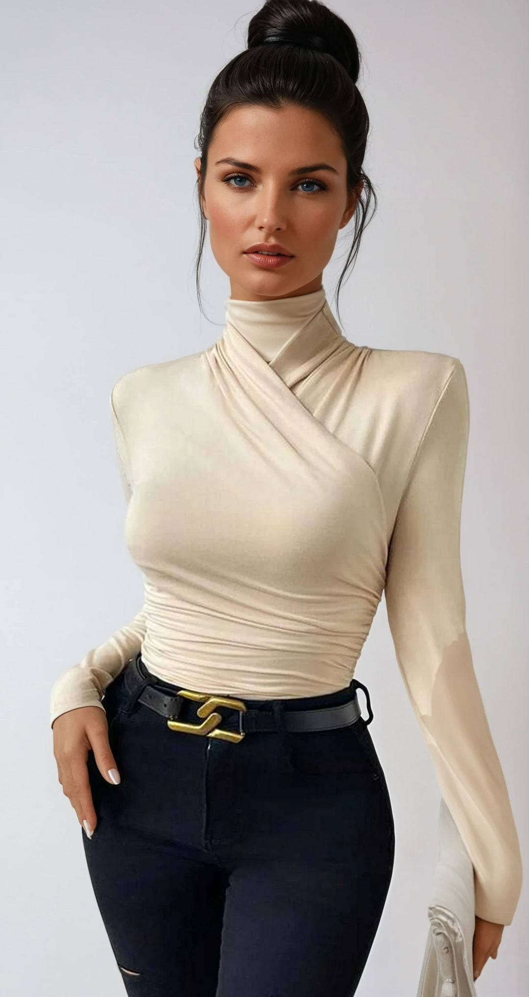 Women's Fitted Crossover Long Sleeve Top-Omni Prime Goods