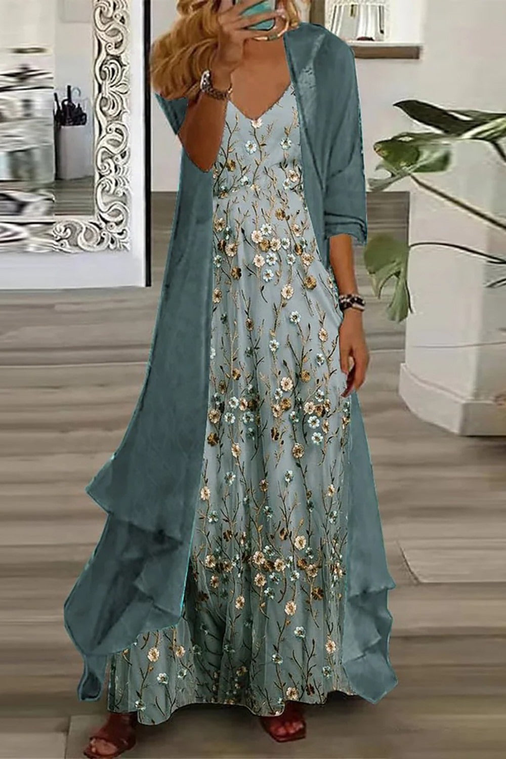 Women's Floral Long Sleeve V-Neck Maxi Dress-Omni Prime Goods