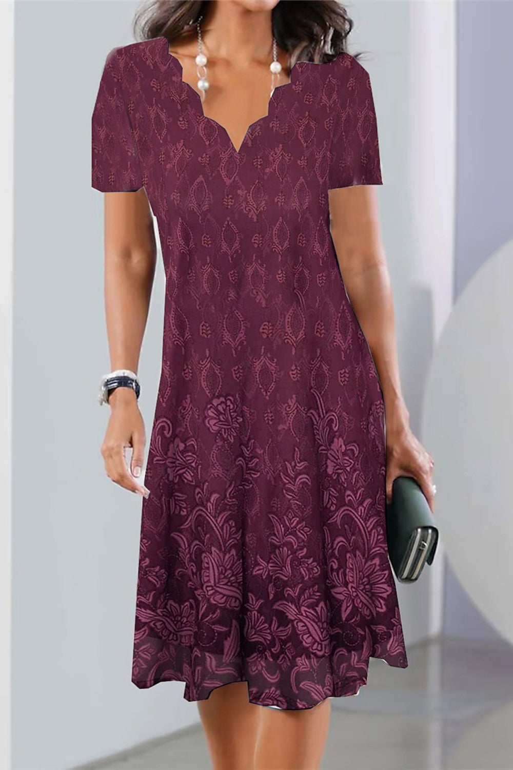 Women's Floral Midi Dress with Scalloped Neckline-Omni Prime Goods