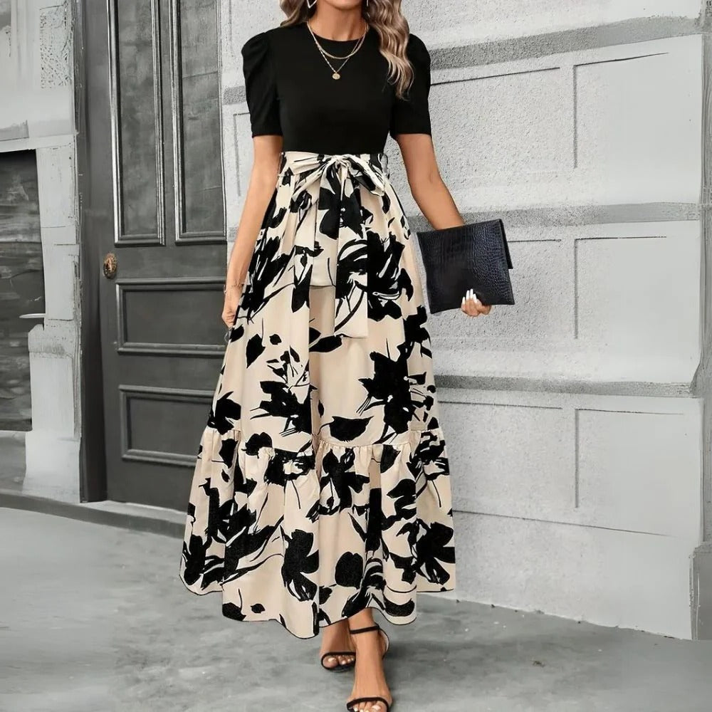 Women's Floral Print High-Waist Tie-Front Maxi Dress-Omni Prime Goods