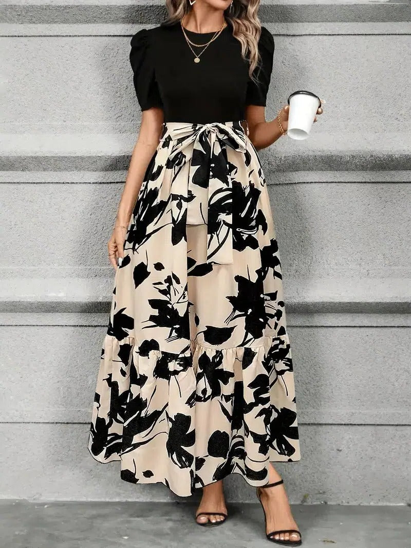 Women's Floral Print High-Waist Tie-Front Maxi Dress-Omni Prime Goods