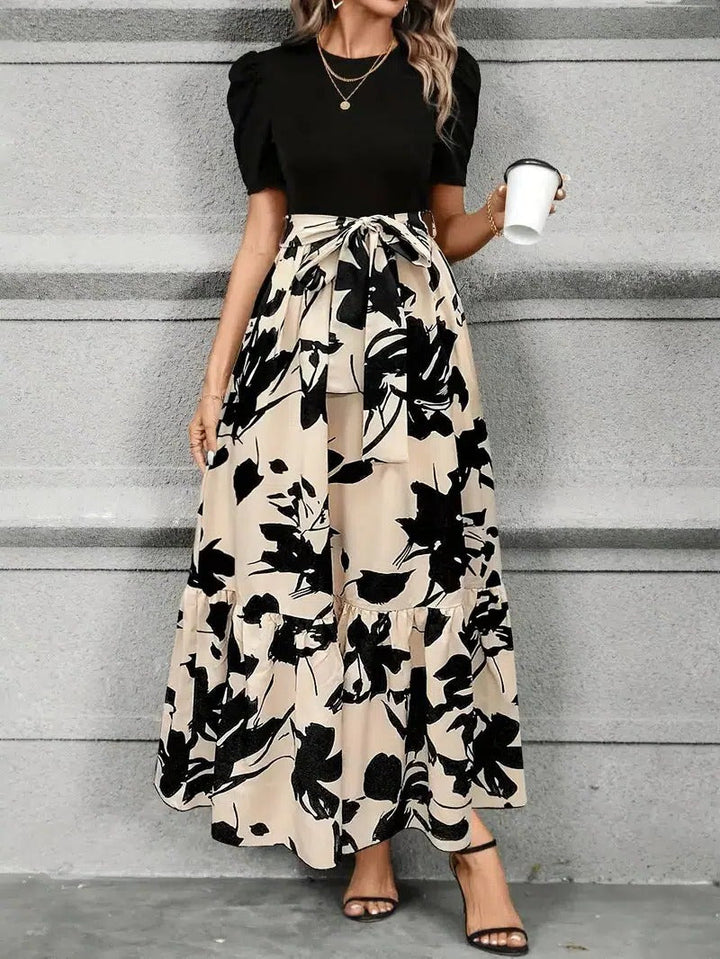 Women's Floral Print High-Waist Tie-Front Maxi Dress-Omni Prime Goods