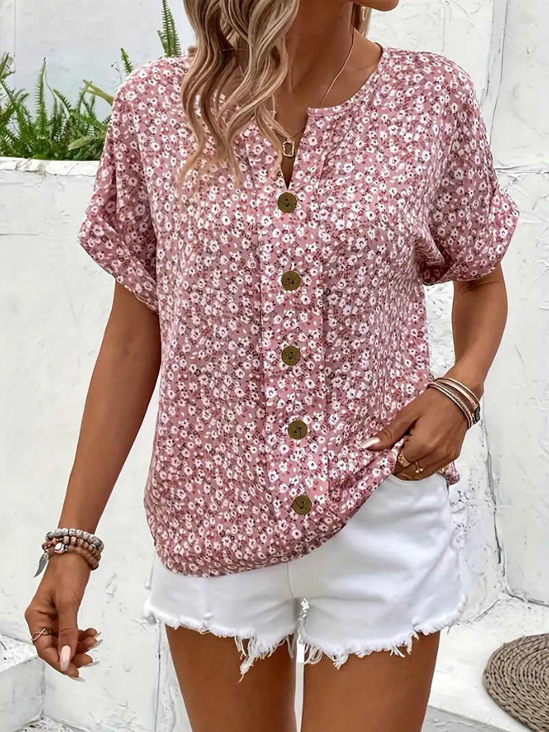 Women's Floral Print Notch Neck Summer Top-Omni Prime Goods