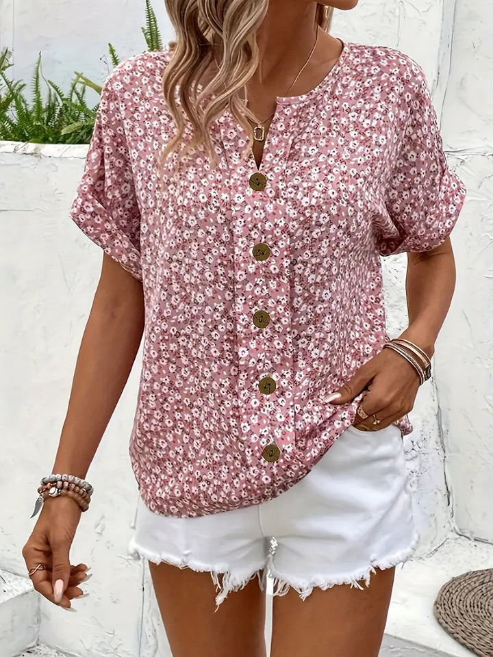 Women's Floral Print Notch Neck Summer Top-Omni Prime Goods