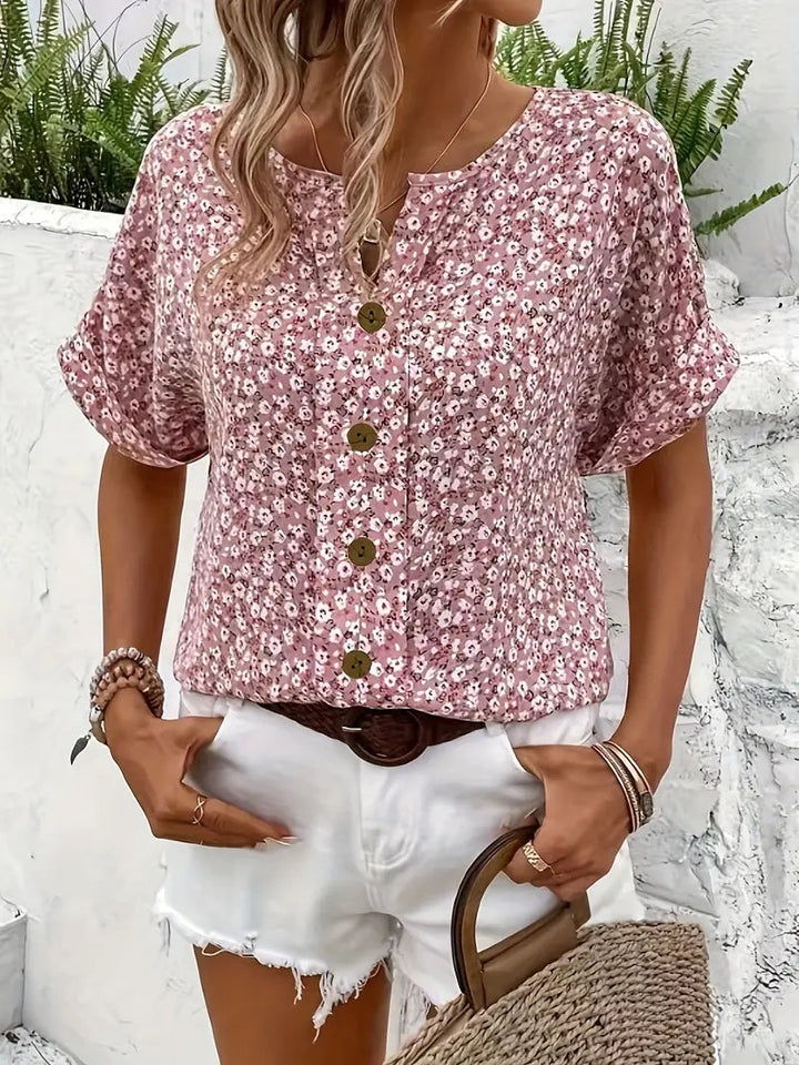 Women's Floral Print Notch Neck Summer Top-Omni Prime Goods